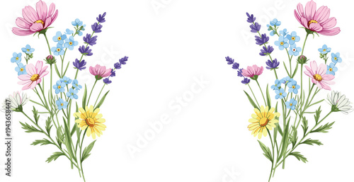 Wildflower Bouquet Corners with Cosmos, Lavender, Daisies and Forget Me Not Flowers Decorative Botanical Floral Arrangement Vector Illustration Isolated on White Background