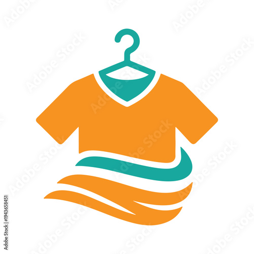 Orange t-shirt hanging on hanger with waves underneath symbolizing beach or swimwear.