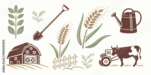 Farm icons including barn, tractor, cow, wheat, and gardening tools