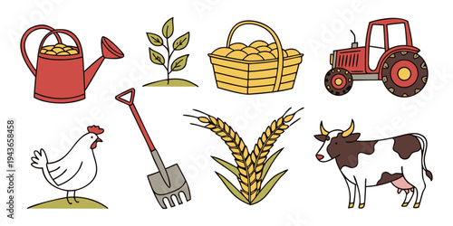 A colorful illustration of various farm icons including a watering can, seedling, basket, tractor, chicken, shovel, wheat, and cow