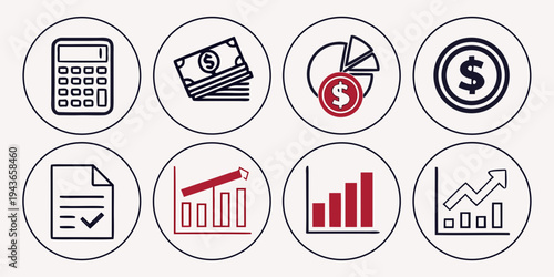 Collection of business finance icons including calculator, money, dollar, chart, graph, and document