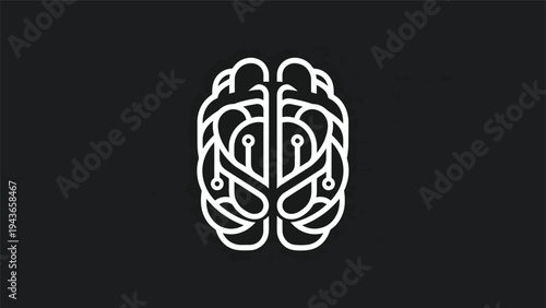 Stylized White Brain Icon with Circuitry on Black Background.