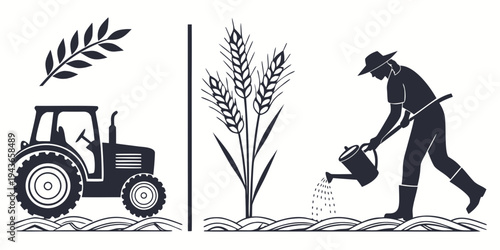 Black and white illustration of a farmer watering wheat plants next to a tractor with a leaf