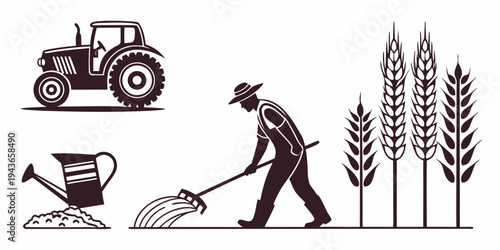 A black and white illustration of a farmer working in a field with a tractor watering can and wheat plants