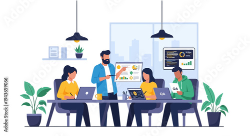 Team collaborating in a modern office meeting room.