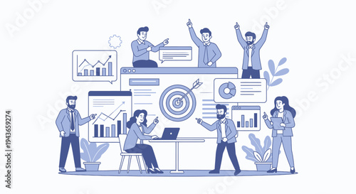 Team celebrating success with business analytics and target achievement.