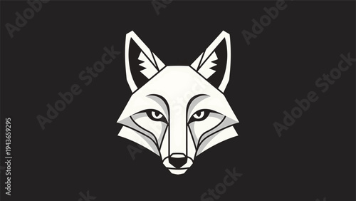 Stylized White Fox Head with Intense Gaze on Dark Background.