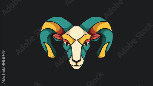 Stylized Ram Head with Colorful Geometric Horns and Face.