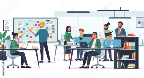 Team collaborating in modern office space during a meeting.