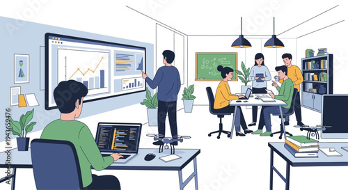 Team collaborating in modern office with data visualization.