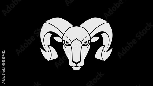Stylized Ram Head with Large Curled Horns on Black Background.