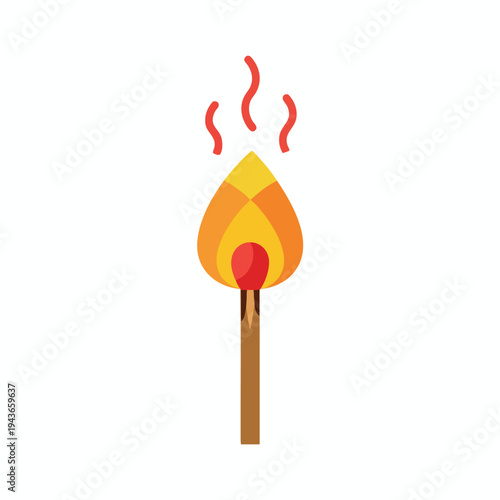 A lit matchstick with a stylized flame and wisps of smoke