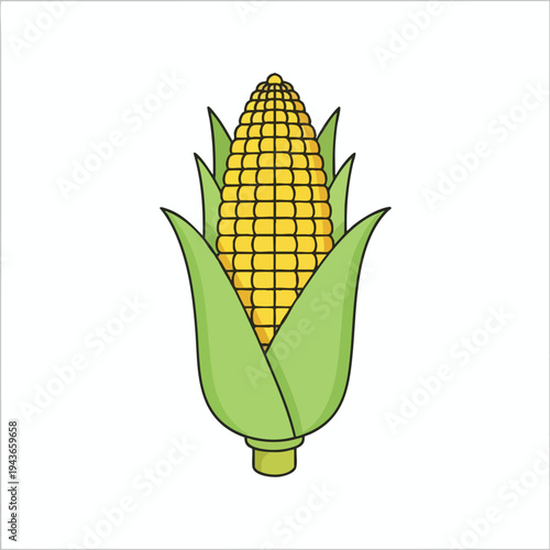 A cartoon-style ear of corn, its yellow kernels showing beneath its green husks