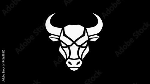 Stylized White Bull Head Icon on Black Background.