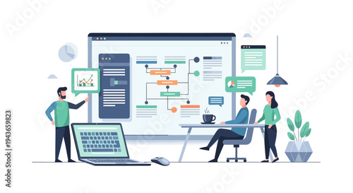 Team collaborating on a business process flowchart on a large screen.