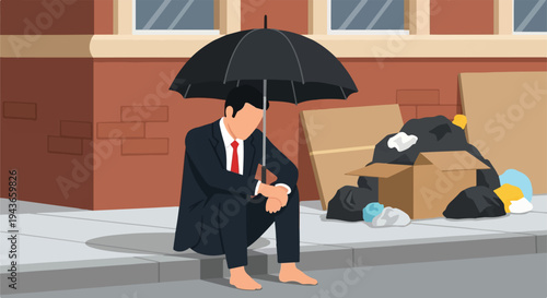A dejected man in a suit, barefoot and holding an umbrella, sits on a city street next to discarded boxes and trash, illustrating the harsh reality of unemployment, poverty, and despair