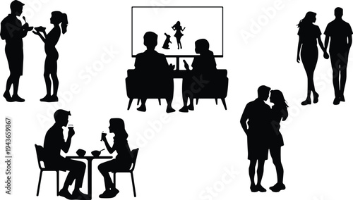 Collection of romantic couple silhouettes showing dating moments, conversation, walking together, coffee meeting, watching television, hugging and relationship lifestyle scenes isolated vector 