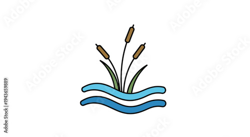 A stylized illustration of cattails in water.