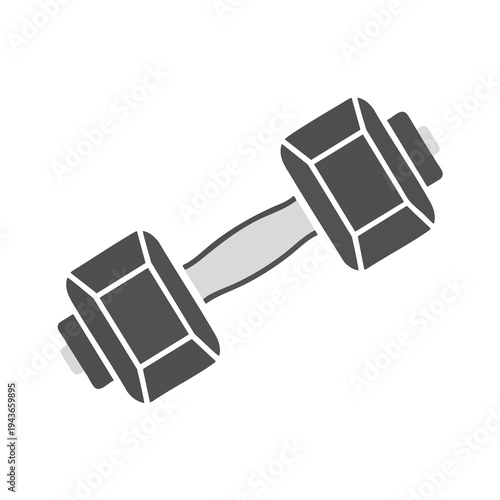 Monochrome image of a single dark grey dumbbell with a lighter grey grip