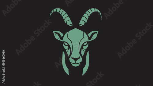 Stylized Green Goat Head with Majestic Horns on Dark Background.