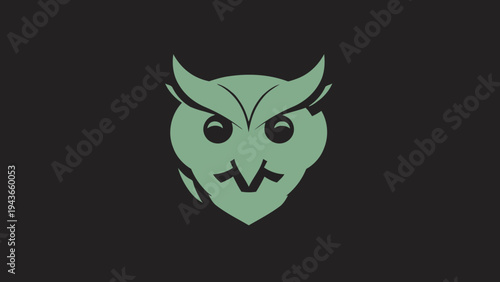Stylized Green Owl Face with Intense Eyes and Horns.
