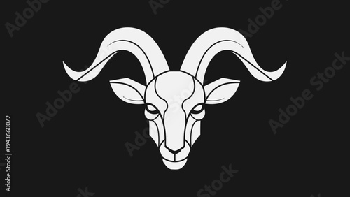 Stylized White Ram Head with Large Curved Horns on Black.