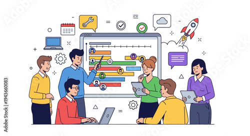 Team collaborating on a business project presentation with charts.