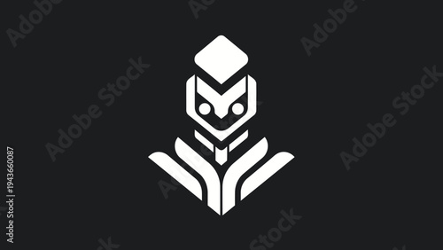 Stylized White Robot Emblem on Black Background.