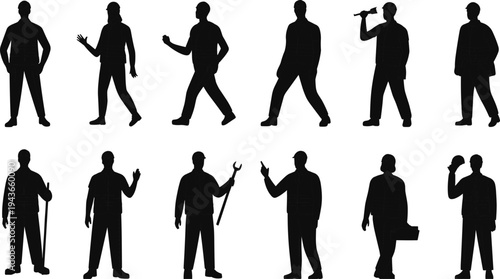 Black silhouette illustration of twelve human figures in different poses and professions, holding tools and objects, body language and occupational concept