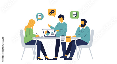 Team collaborating on a business project with a laptop and charts.