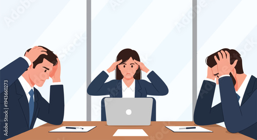 Business professionals feeling overwhelmed and stressed during an unproductive meeting, expressing frustration and anxiety in a corporate office setting
