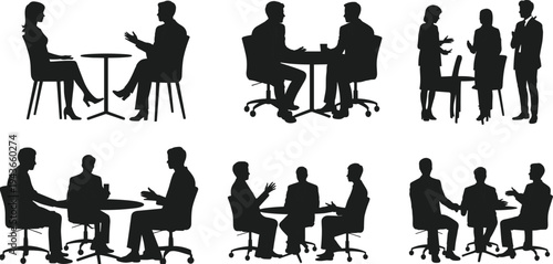 Business meeting silhouettes collection, people discussing at office table, corporate teamwork conversation and negotiation concept isolated on white background