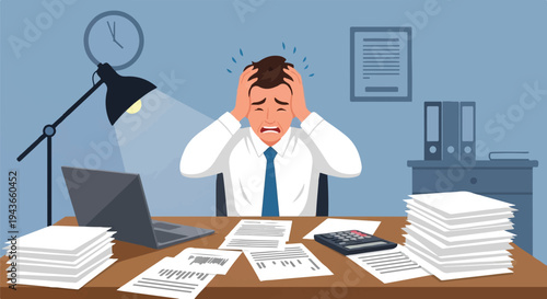 Overwhelmed businessman facing a mountain of paperwork and tight deadlines in a stressful office environment, struggling with work overload and burnout