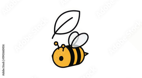 Simple Cartoon Bee Flying with Leaf.