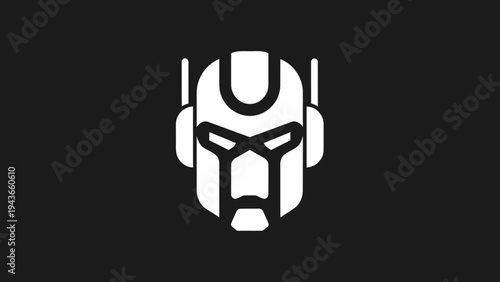 Stylized Robot Head Icon on Black Background.
