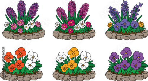 Colorful flower bed collection with blooming garden plants surrounded by stones decorative spring garden landscaping vector illustration set