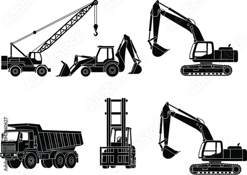 Construction machinery silhouette set including crane, excavator, dump truck, forklift and backhoe loader, heavy equipment collection for building industry, engineering transport vector illustration
