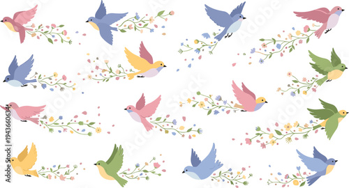 Cute flying birds with floral branches collection, colorful spring birds carrying flowers decorative nature vector illustration set
