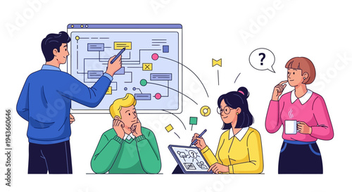 Team collaborating on a business strategy presentation.