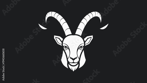 Stylized White Goat Head with Large Curved Horns on Black Background.