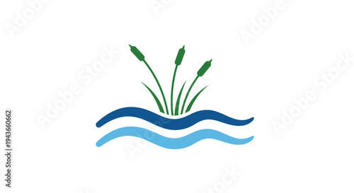 A stylized illustration of cattails in water.