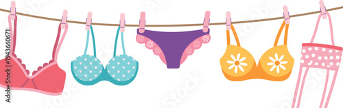 Colorful women underwear hanging on clothesline, bras and panties collection, lingerie laundry concept, cute fashion undergarments vector illustration