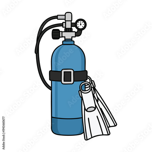 A blue scuba tank with attached regulator, pressure gauge, and fins