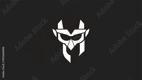 Stylized White Demon Mask Emblem on Black Background.