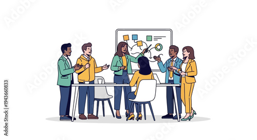 Team collaborating on a business strategy presentation.