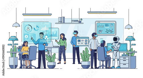 Team collaborating on futuristic technology project in modern office.