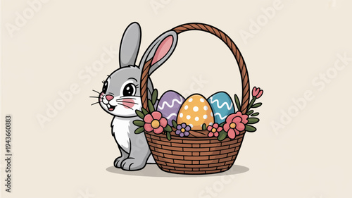 Easter bunny with colorful eggs in a wicker basket and flowers on beige background springtime scene