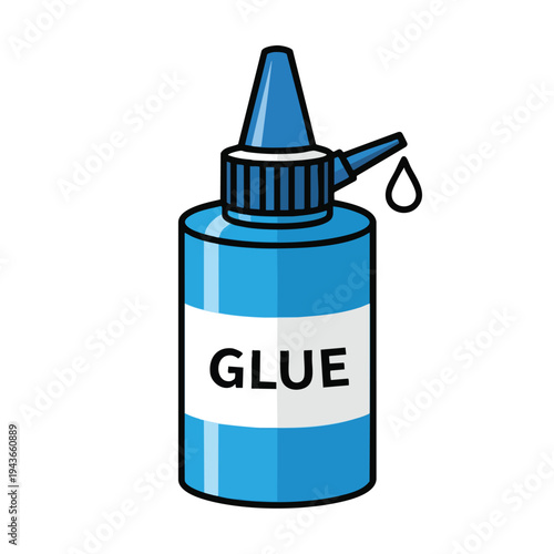 Blue plastic glue bottle with white label and a drop falling