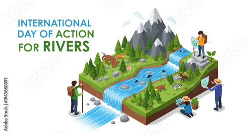 Illustration of people protecting a river and its ecosystem on International Day of Action for Rivers with a conservation concept.