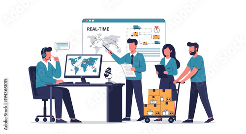 Team collaborating on global business strategy and logistics.